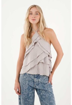 Tennis Camisa Con Boleros Y Detalles De Brillo Gris Para Mujer