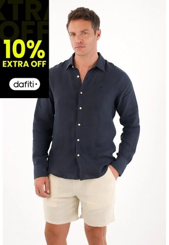 Tennis Camisa En 100% Lino Manga Larga Azul Con Acabado Mate Para Hombre Tennis