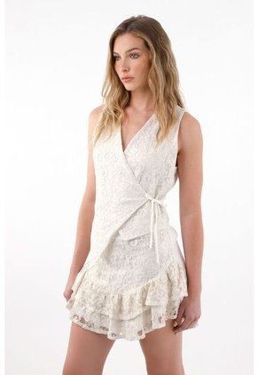 Falda Corta Con Boleros Y Encaje Crudo Para Mujer