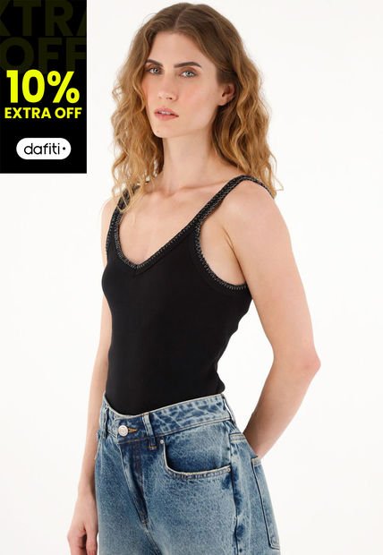 Camiseta Negra En Rib Manga Sisa Para Mujer
