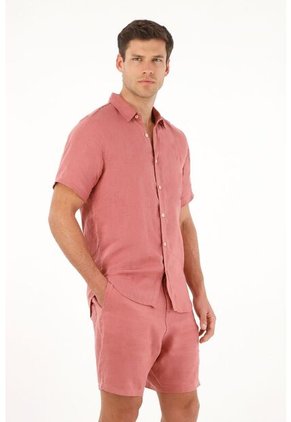 Camisa Manga Corta En 100% Lino Naranja Para Hombre