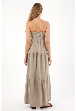 Tennis Vestido Largo Con Escote En V Café Con Detalle Fruncido Para Mujer