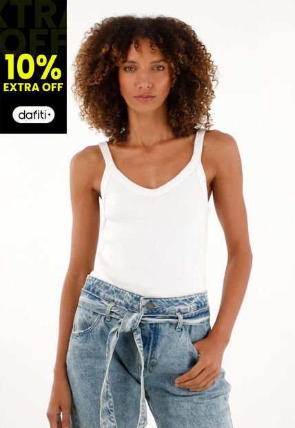 Camiseta Blanca En Rib Manga Sisa Para Mujer