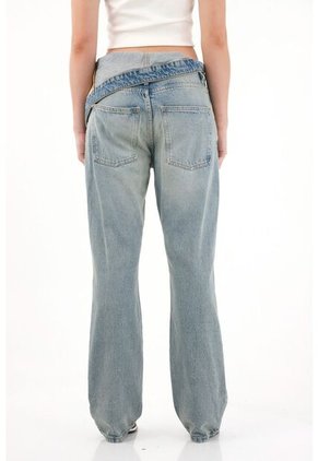 Tennis Jean Recto De Tiro Medio Con Doblez En Pretina Azul Para Mujer