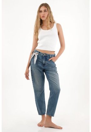 Tennis Jean Mom De Tiro Alto Crop Azul Para Mujer