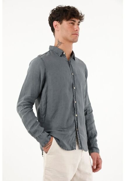 Tennis Camisa Azul De 100% Lino Para Hombre