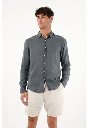 Tennis Camisa Azul De 100% Lino Para Hombre