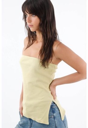 Tennis Top Strapless Para Mujer De Algodón Amarillo Pastel Fit Ceñido Con Tejido Acanalado