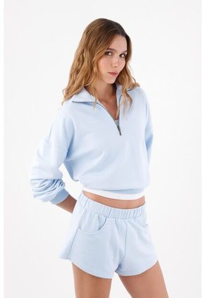 Tennis Bermuda Para Mujer En Algodón Azul Cielo Fit Relajado Con Pretina Elástica Ancha
