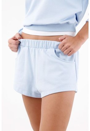 Tennis Bermuda Para Mujer En Algodón Azul Cielo Fit Relajado Con Pretina Elástica Ancha