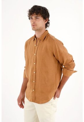Tennis Camisa En 100% Lino Café Para Hombre