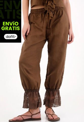 Tennis Pantalón Con Elástico Y Encaje En Bota Café Para Mujer Tennis