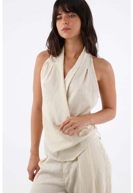 Tennis Camisa Sin Mangas Para Mujer En Poliéster Beige Fit Relajado Con Escote Halter Drapeado