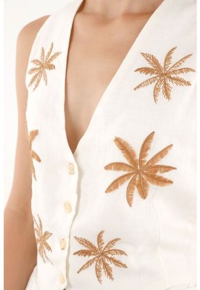 Tennis Chaleco En 100% Lino Con Bordado De Palmeras Para Mujer
