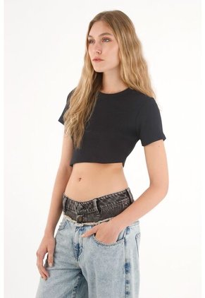 Tennis Camiseta Manga Corta En Rib Negra Para Mujer