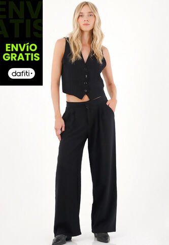 Tennis Pantalón Recto Con Prenses En Frente Negro Para Mujer Tennis