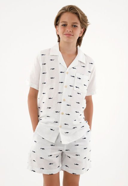 Camisa Tipo Bowling Con Bordado De Tiburones Para Niño