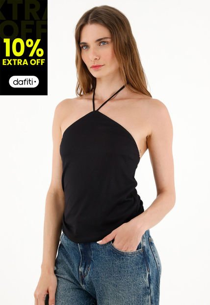 Camiseta Negra Con Escote Halter Para Mujer