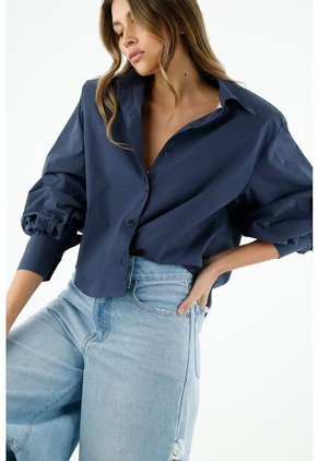 Camisa Con Cuello Camisero Azul Para Mujer