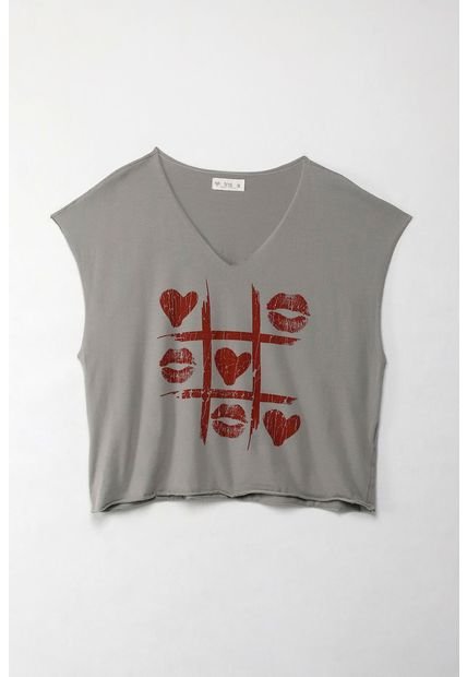 Camiseta Boxy Fit Manga Sisa Gris Para Mujer