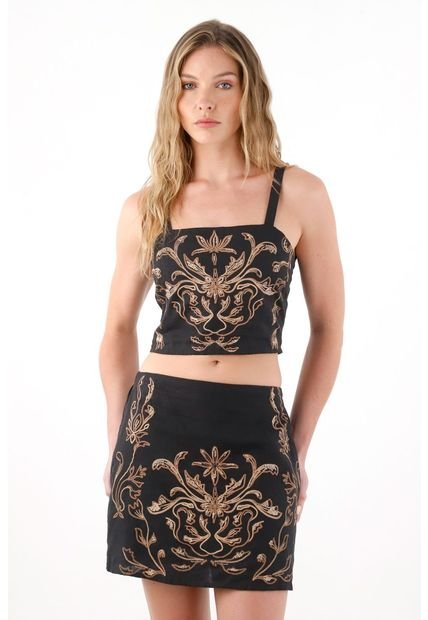 Camisa Crop De Tiras Bordada Negra Para Mujer