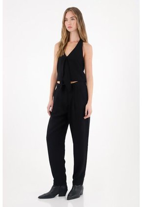 Tennis Pantalón De Tela Fluida Semi Ajustada Negro Para Mujer