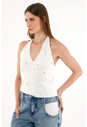 Tennis Camiseta Tejida Crudo Con Apliques De Brillo Para Mujer