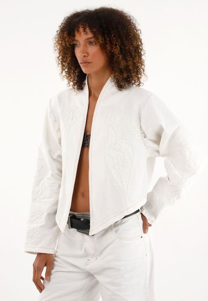 Chaqueta Crop Crudo Con Bordados Para Mujer