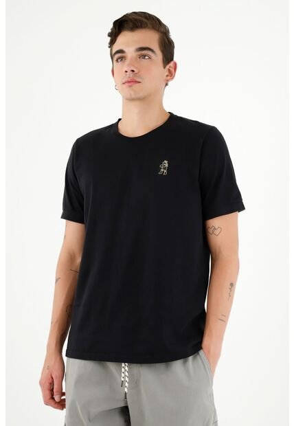 Camiseta Negra Con Mini Bordado En Punto Corazón Para Hombre