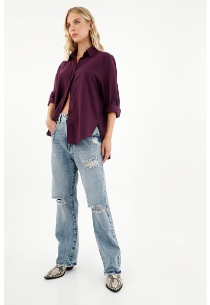 Camisa De Botones Morada Para Mujer