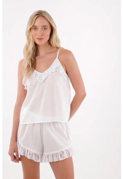 Tennis Pijama De Short Con Detalles De Encaje Blanca Para Mujer