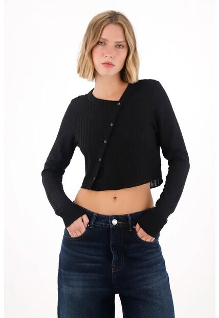 Tennis Camiseta Manga Larga Crop Negra Para Mujer