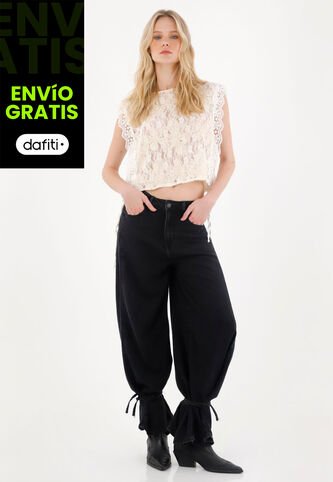 Tennis Jean Wide Leg Con Amarres En Bota Negro Para Mujer Tennis