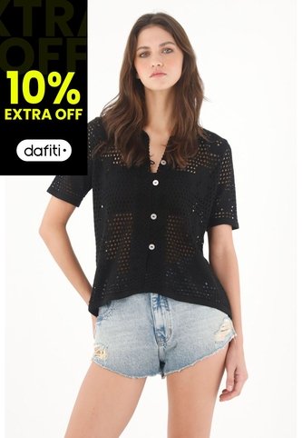 Tennis Camisa En Tejido Abierto Con Flores Negra Para Mujer Tennis
