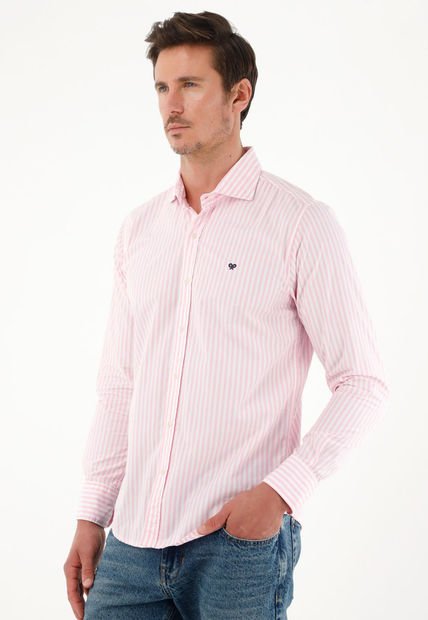 Camisa Con Diseño A Rayas Manga Larga Rosada Para Hombre