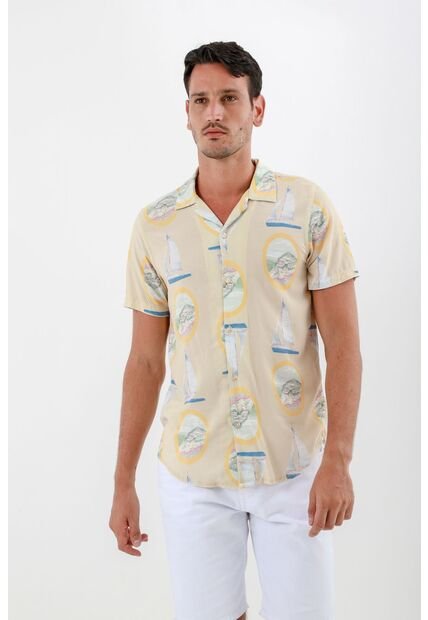 Camisa Estampada Amarilla Para Hombre