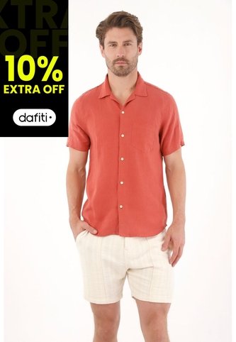 Tennis Camisa Manga Corta En 100% Lino Naranja Para Hombre Tennis