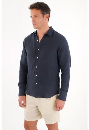 Tennis Camisa En 100% Lino Manga Larga Azul Para Hombre