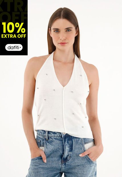 Camiseta Tejida Crudo Con Apliques De Brillo Para Mujer