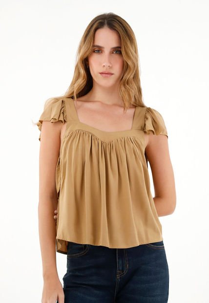 Camisa Café De Escote Recto En Chalis Para Mujer
