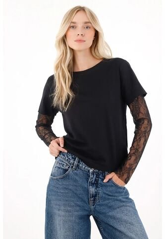 Tennis Camiseta Doble Manga Con Encaje Negra Para Mujer Tennis