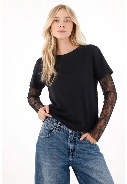 Tennis Camiseta Doble Manga Con Encaje Negra Para Mujer