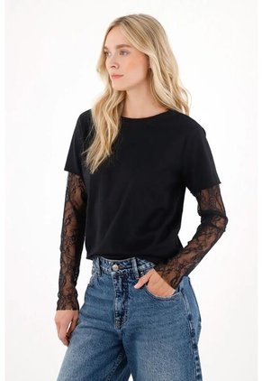 Tennis Camiseta Doble Manga Con Encaje Negra Para Mujer