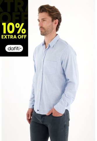Tennis Camisa Manga Larga Preteñida Azul Con Textura Lisa Para Hombre Tennis