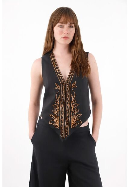 Tennis Chaleco En 100% Lino Con Bordados Para Mujer