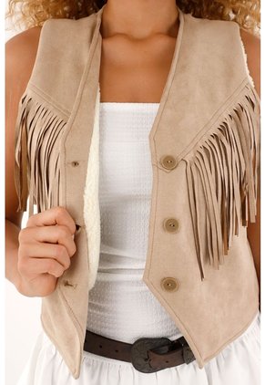 Chaleco En Suede Con Flecos Y Ovejero Para Mujer