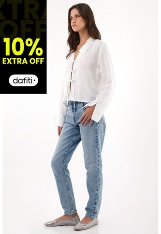Tennis Camisa En 100% Lino Con Tiras Que Anudan En Frente Blanca Para Mujer Tennis