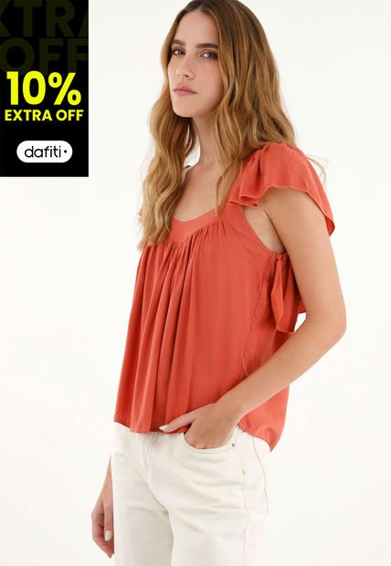 Camisa Naranja De Escote Recto En Chalis Para Mujer