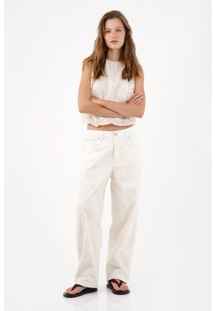 Tennis Pantalón Wide Leg Con Textura En Relieve En Algodón Marfil Para Mujer