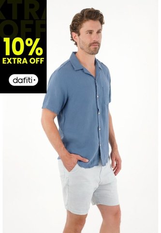 Tennis Camisa Manga Corta En 100% Lino Azul Para Hombre Tennis